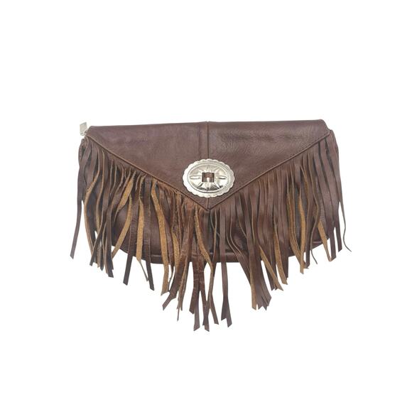 Boho Brown Genuine Leather Made In Mexico Fringe Western Boho Concho Clutch Bag - Picture 1 of 14